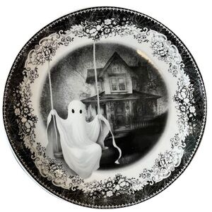 EATON FINE DINING Spooky Ghost Victorian House Halloween Salad Plates Set new